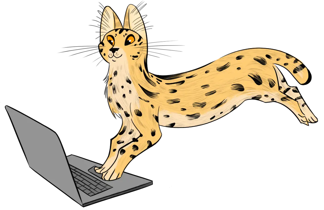 Cheerful serval cat pouncing on a laptop